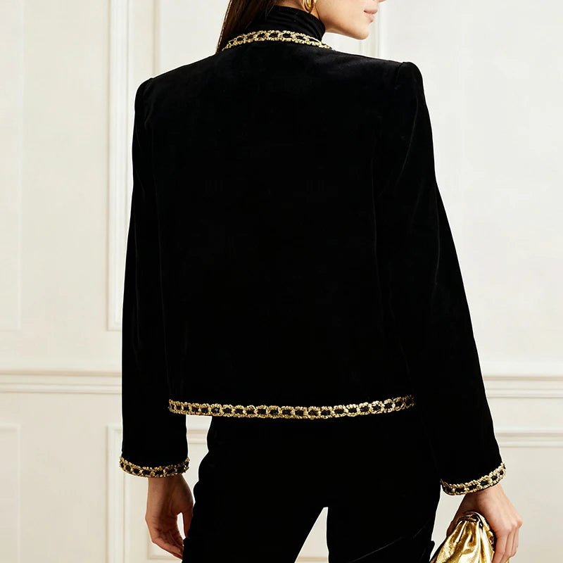 Modigirl Woman Gold Embroidered Jackets 2026 New Velvet Long Sleeve Round Neck Button Christmas Holiday Ladies Coat
