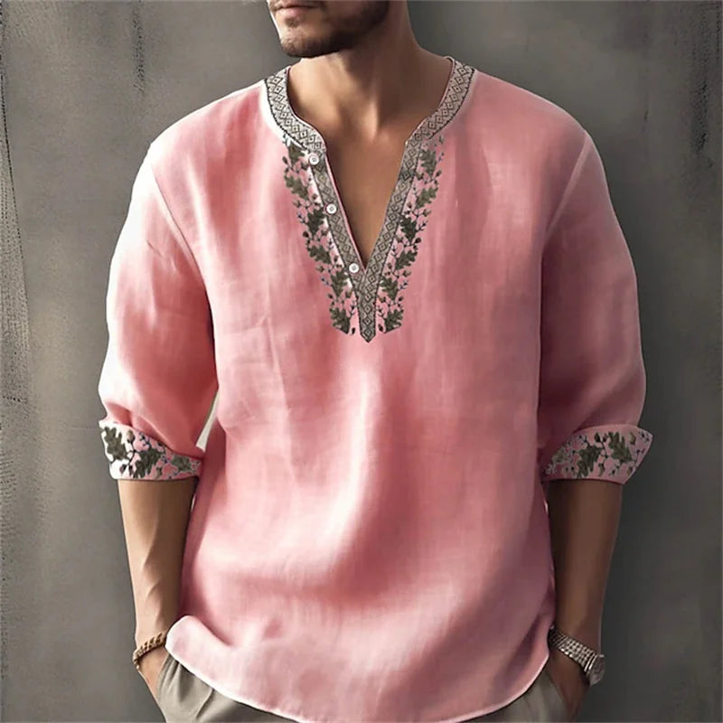 2026 Summer New Men's Fashion Printed Shirt, Henley Collar, Long Sleeve, Ethnic Style, Loose Fit, Breathable, Casual Men's Top