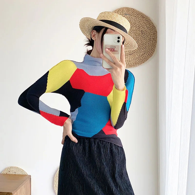 Miyake Pleated Contrasting Colors T-shirt Women Half Turtleneck Skinny Pullover 2025 Summer Fashion Female Clothing