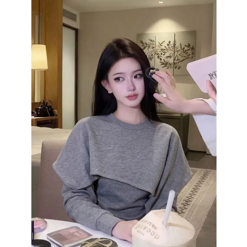 Limiguyue Spring Autumn Gray Pullover Shirts Women Daily Trendy Splice Long Sleeve Tops Loose Irregular Blouse Designer 180B