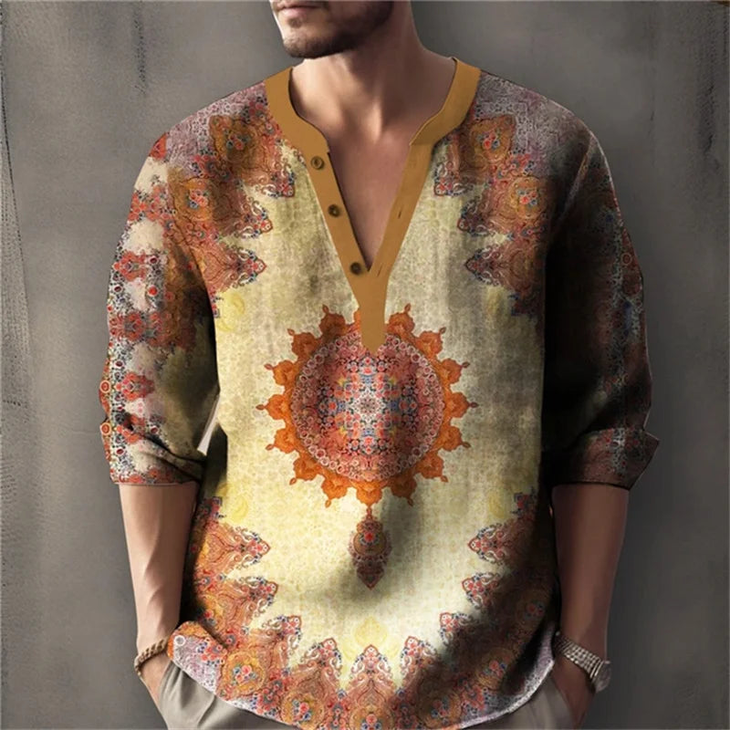 Men's Long-Sleeved Shirt with Retro Print, Stylish Design, Outdoor Casual Henley Collar, Loose Fit, Men's Vacation Top, XS-6XL.