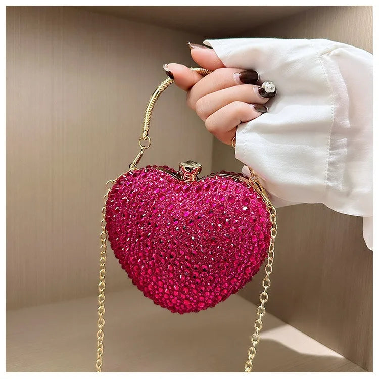 Luxury Diamond Inlay Heart Shape Crystal Clutch Purse Stones Evening Wedding Party Shoulder Bags Handle Rhinestone Mini Handbags