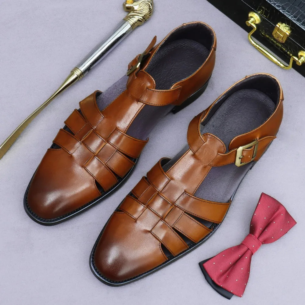 Premium Leather Sandals For Men Top Grain Cowhide Summer Slippers Breathable Lightweight Driving Shoes