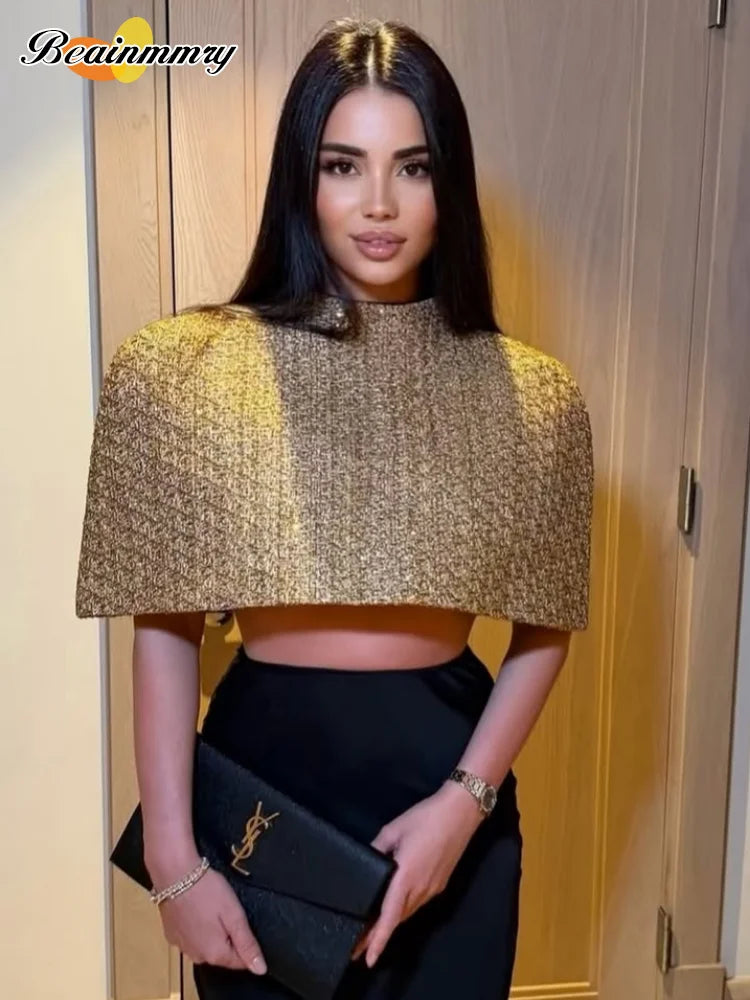Elegant Chic Gold Sparkle Capelet Top Shiny Tweed Shoulder Wrap Turtleneck Short Cloak New Lady Evening Club Party Tops 2026