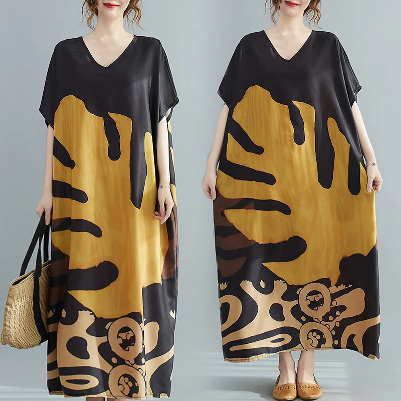 Faionable V-ne Printed Casual ort-sved Long Dr plus Size Women's New Sle  Ele Aosphere Korean Version