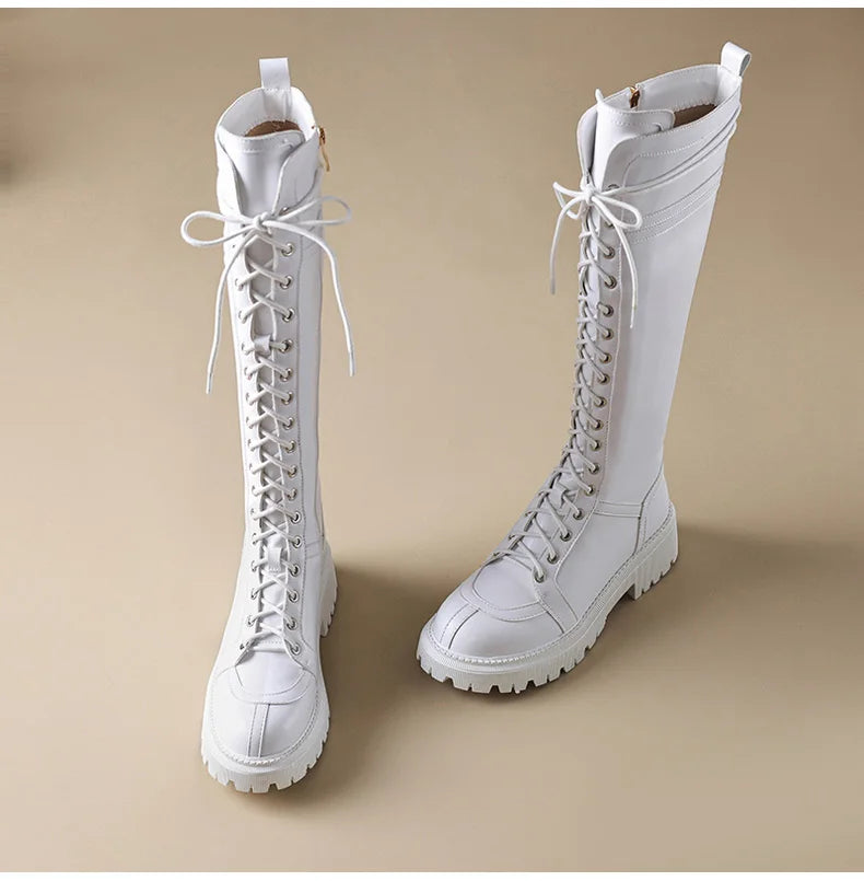 Ods Genuine Leather Women's High Knee Boots Winter Shoes Sexy Lace Up Black White Low Heels Party Shoes Girls Large Size 414243