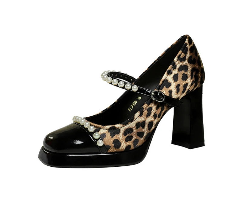 Retro Style Color Block Square Toe Thick Heel High Heels Women's Waterproof Platform Pearl Mary Jane Shoes Casual Fashion