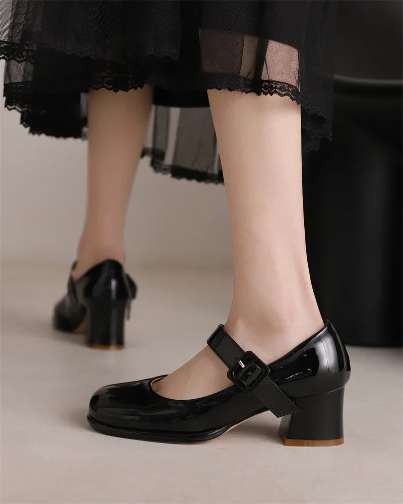 Spring Autumn Women Platform Mary Janes High Thick Heel Orange Red Patent Leather Dress Office Lady Round Toe Buckle Strap Pumps
