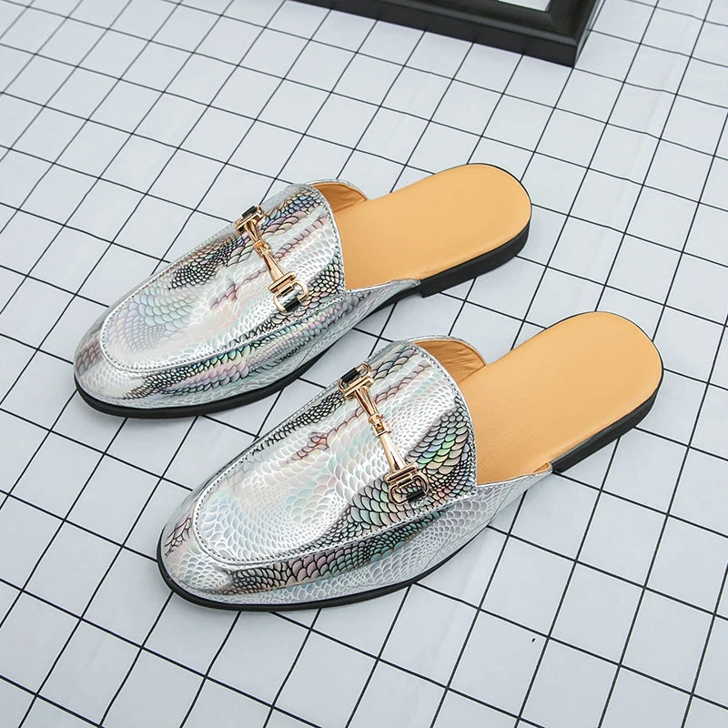 Fashion Brand Men's Cool Snake Skin Pattern Comfortable Half Back Leather Shoe Summer Men Breathable Bottom Casual Leather Shoes