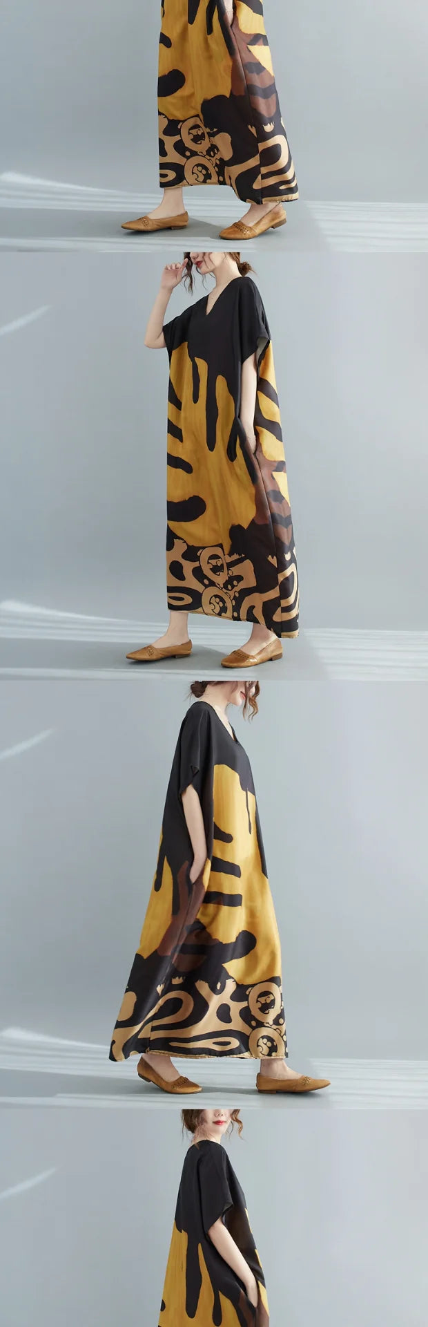 Faionable V-ne Printed Casual ort-sved Long Dr plus Size Women's New Sle  Ele Aosphere Korean Version