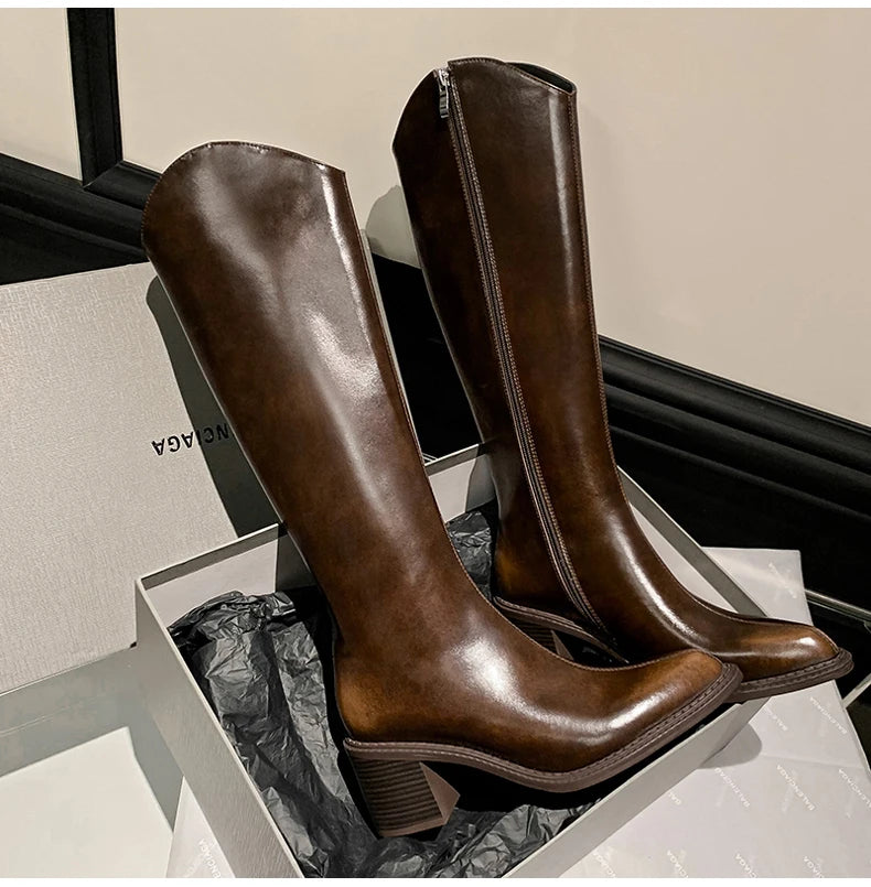 Ods New Women Genuine Leather Pointed Toe Knee High Boots Black White Brown Side Zipper Female Shoes Thick Heel Plus Size 42