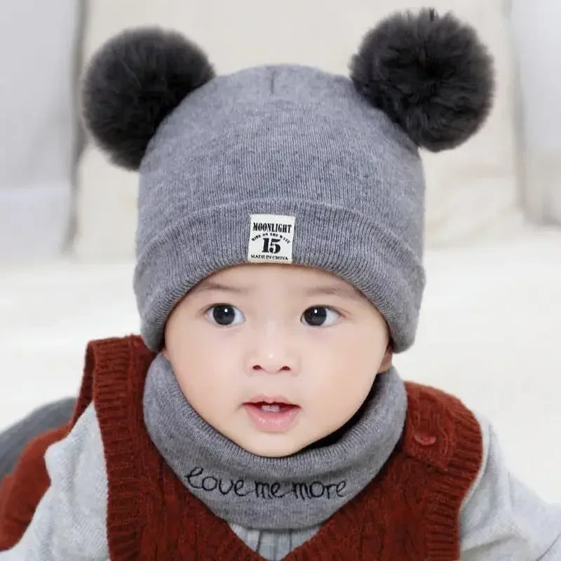 Autumn Winter Warm Baby Knitted Hats with Scarf Kids Knit Beanie Caps Solid Color Children's Hat Toddler Boys Girls Accessories