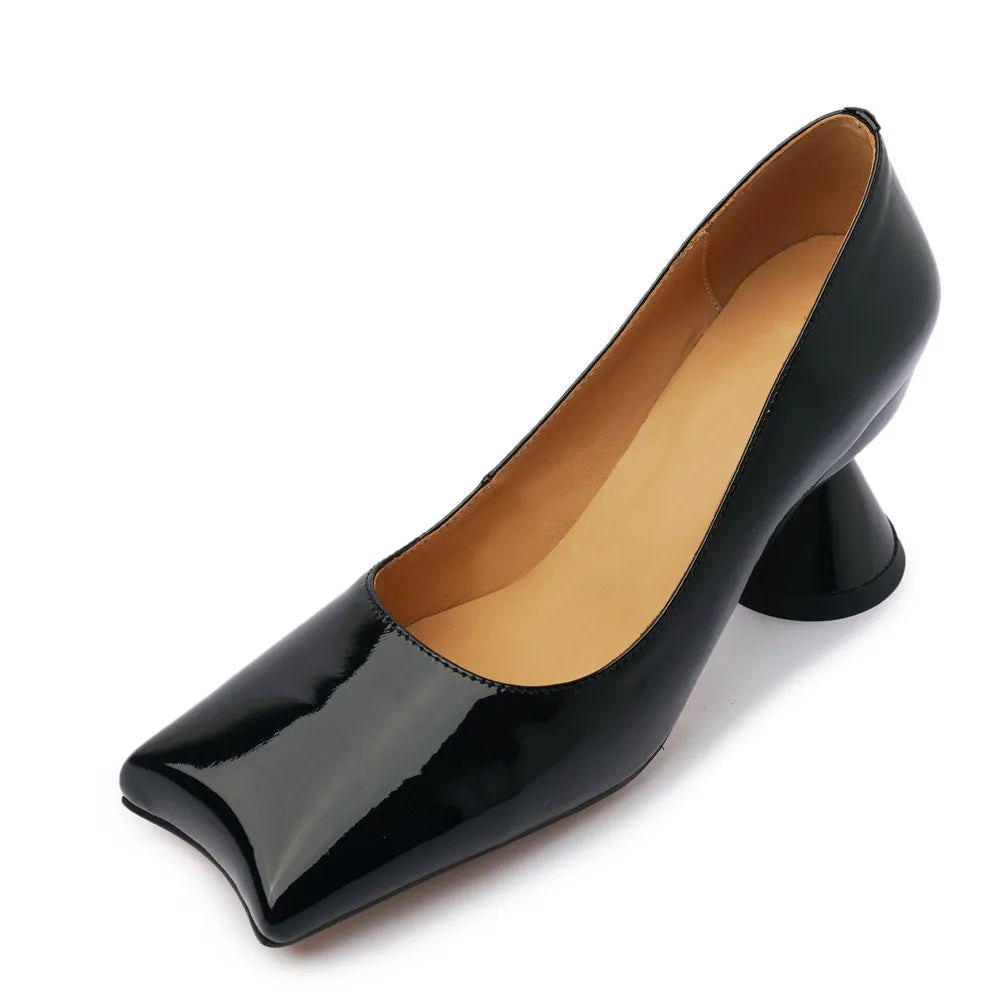 Stylish Patent Sheepskin Leather Pumps Women Shallow Med Strange Heels Party Dating Shoes Female Dress Pumps