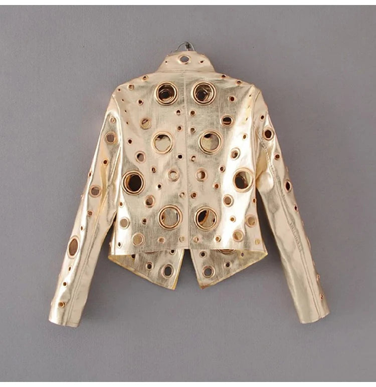 Rocker Runway Cut Out Short Faux Leather Jacket Golden Rivet Cool Stylish Designer Clothes Women European American Fashion 2022