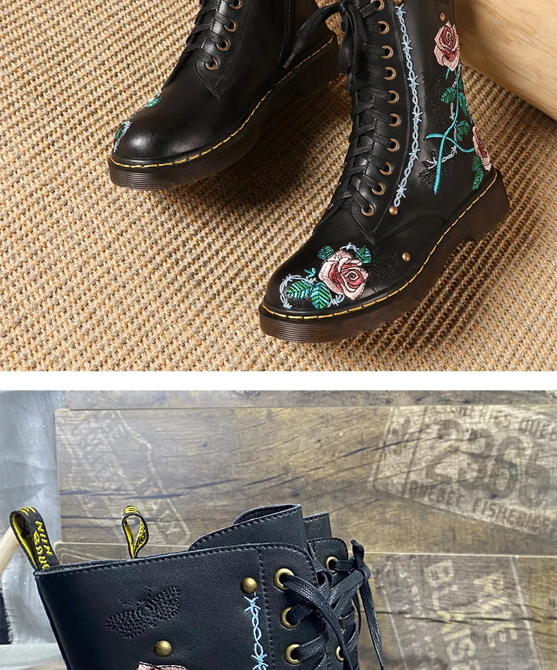 Ods Handmade Embroidery Rose Flower Retro Lace-up Mt Woman Genuine Leather Round Toe British Style Ankle Boots Big Size 40414243