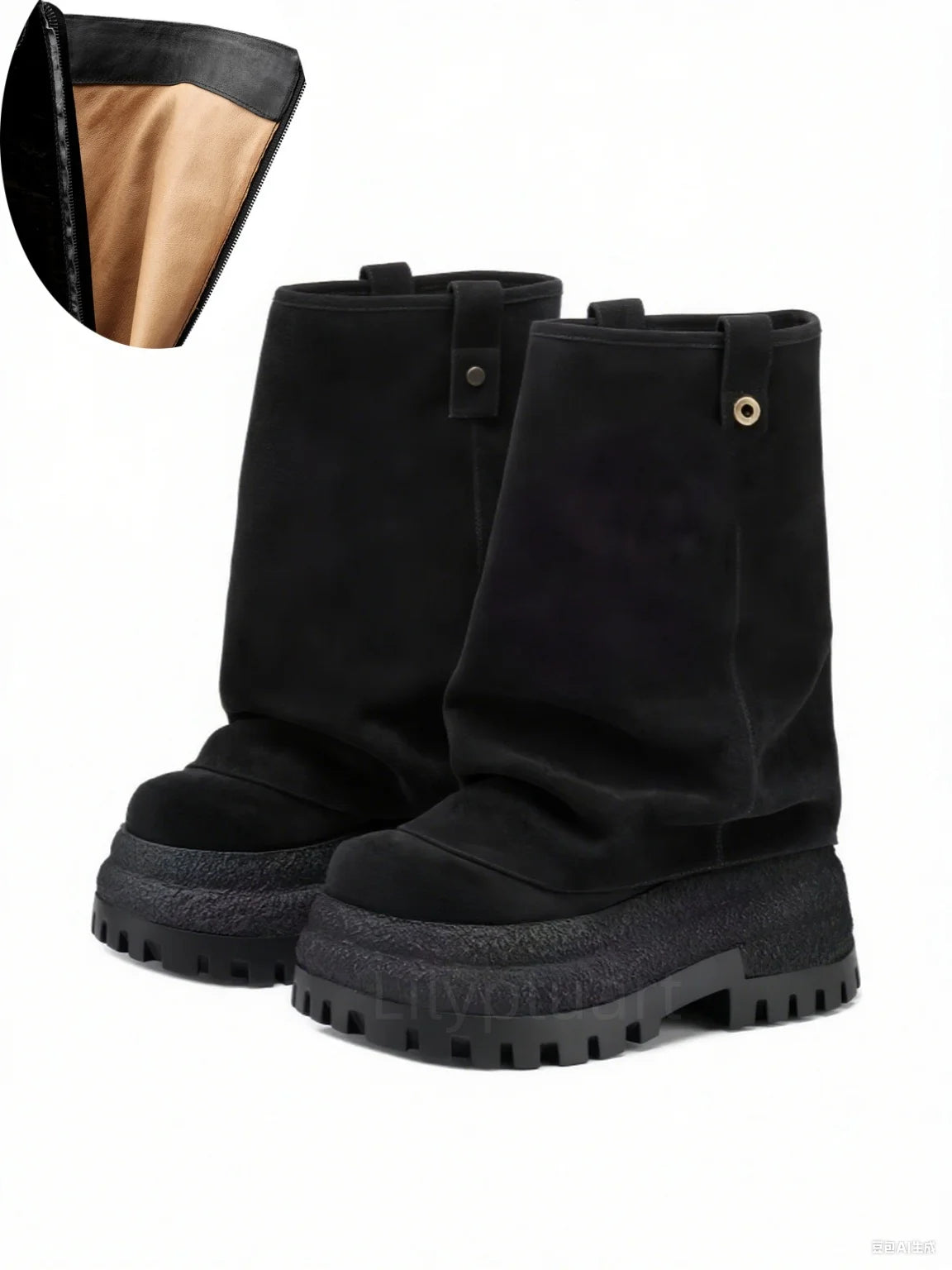 Women's Chunky Leather Flats & Knee Boots - Square Toe Loose Fit Spring-Autumn Casual Shoes with Pleated Pants