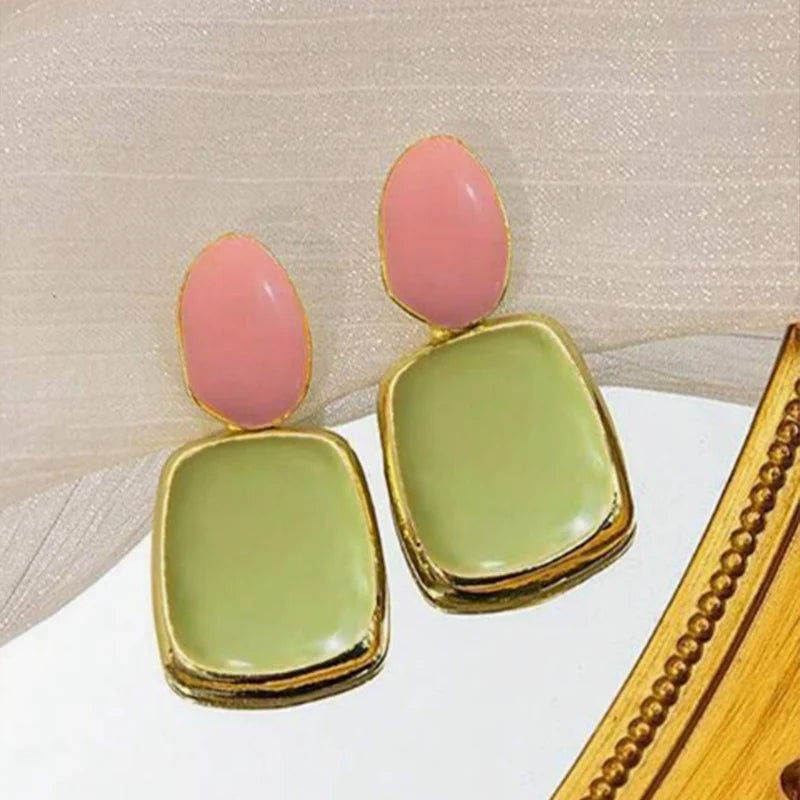 Korean Multicolor Square Dangle Stud Earrings For Women Green Purple Pink Bule Semi-Precious Stone Earrings Pastoral Style