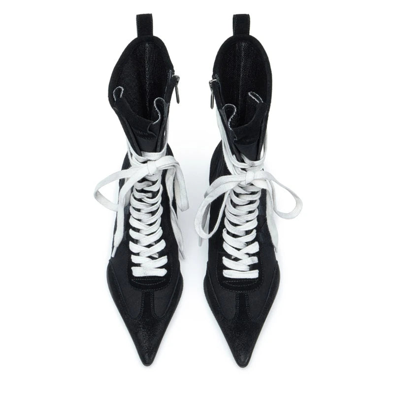 Pointed Toe Cross-tied Designer Women Boots Warm Strange Heel Retro Ankle Boots Zip Street Style Fashion High Short Boots Female