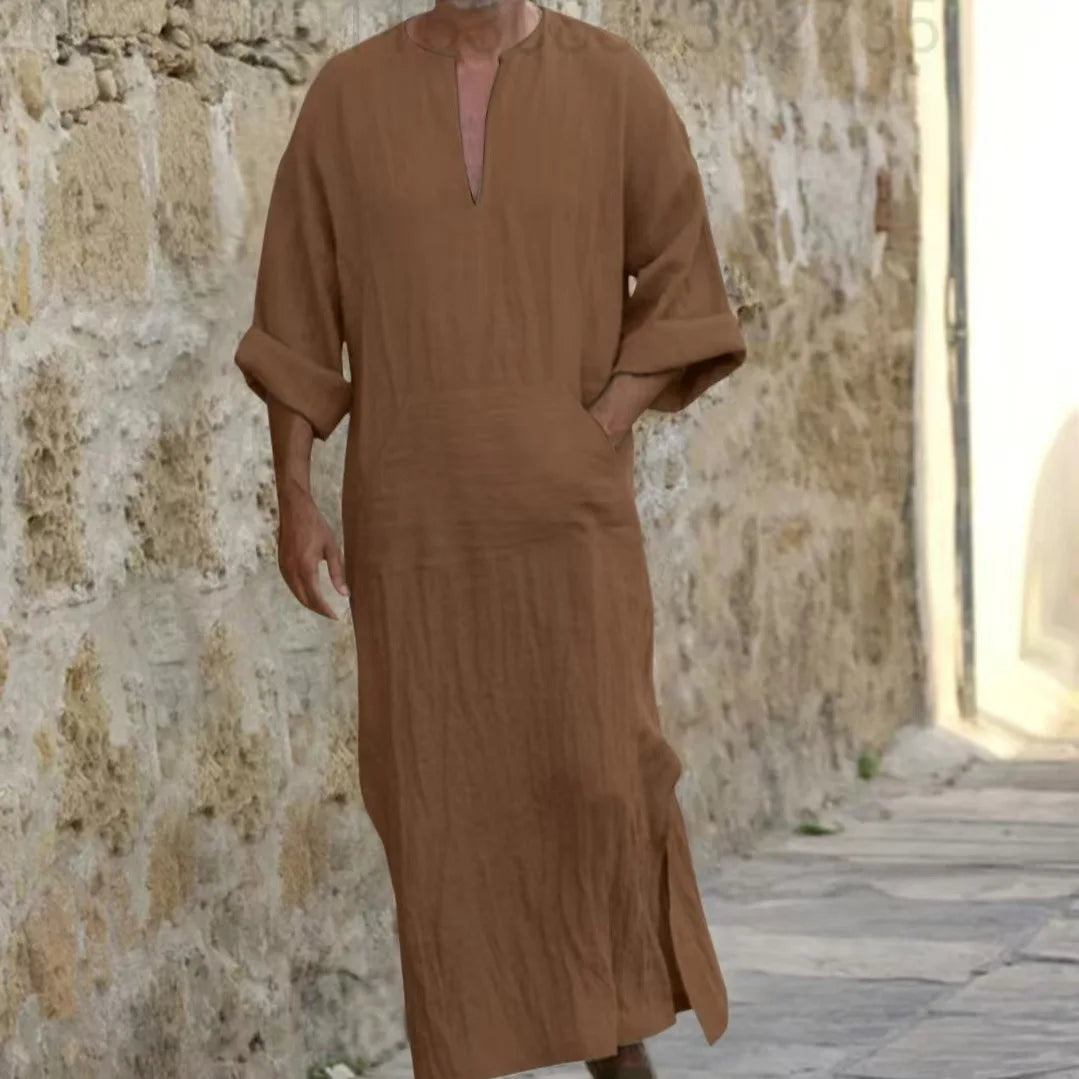 New 2026 Men Cotton Linen Long T-shirts Muslim Solid Casual Abayas Men Jubba Thobe Kaftan Arab Islamic V-neck Long Sleeve Robes