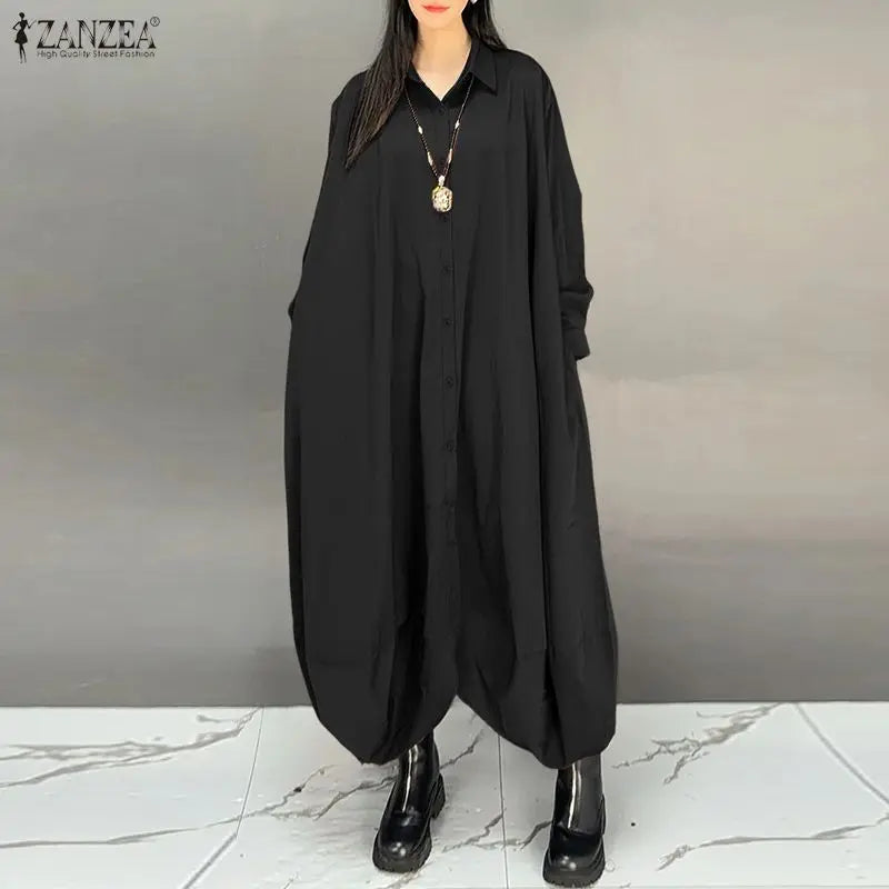 ZANZEA Women's Oversized Jumpsuits Turn-Down Collar Long Sleeves Button Up Drop-Crotch Pant Overalls Casual Streetwear Playsuits