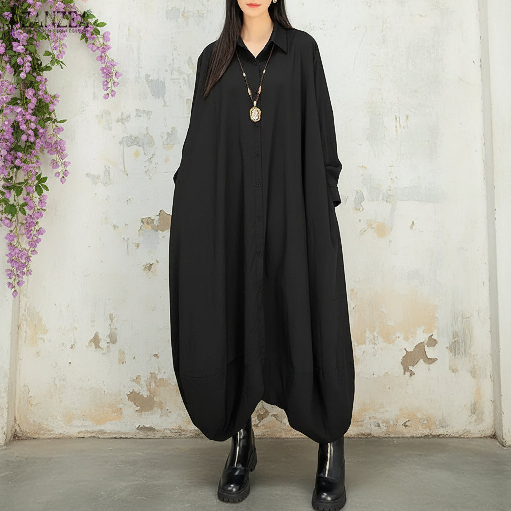 Oversized Jumpsuits Turn-Down Collar Long Sleeves Button Up Drop-Crotch Pant Overalls Casual Streetwear Playsuits