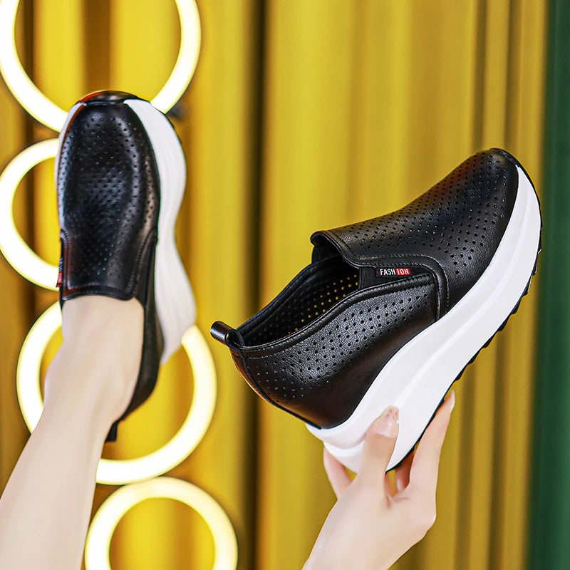 10cm Microfiber Platform Heel Wedge Shoe Sneakers Pumps White Platform Air Mesh Hollow Pumps Shoes Summer Women Zapatos de Mujer