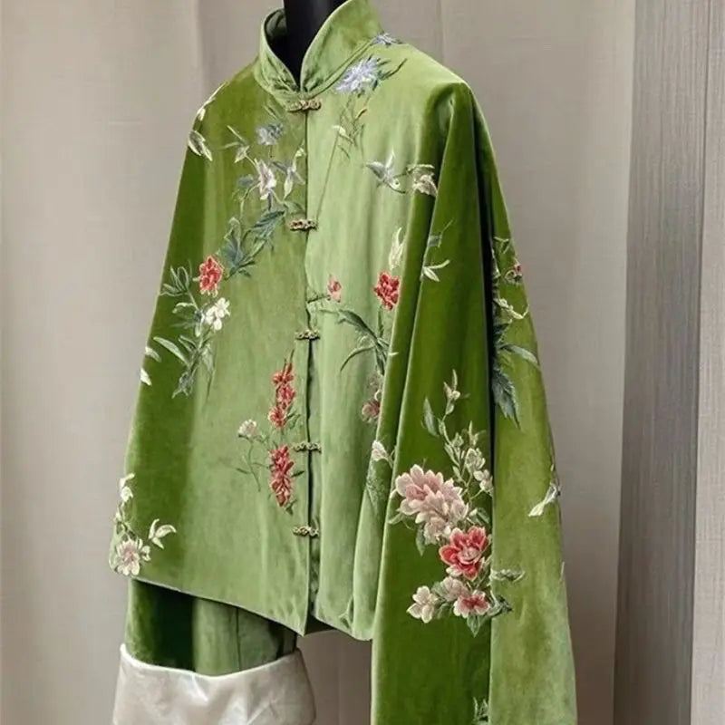 Chinese Style Small Green Velvet Jacket Women 2025 New Spring Autumn Embroidered Stand Collar Buckle Female Coat