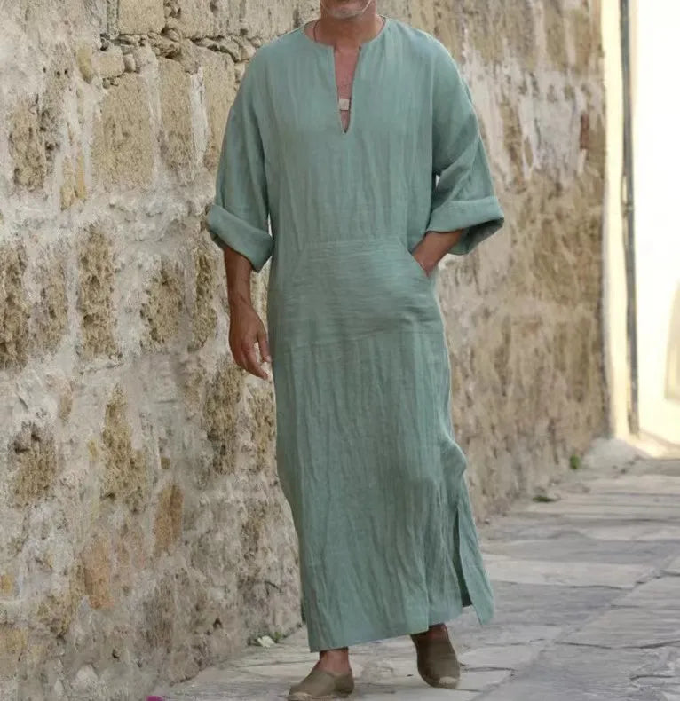 New 2026 Men Cotton Linen Long T-shirts Muslim Solid Casual Abayas Men Jubba Thobe Kaftan Arab Islamic V-neck Long Sleeve Robes