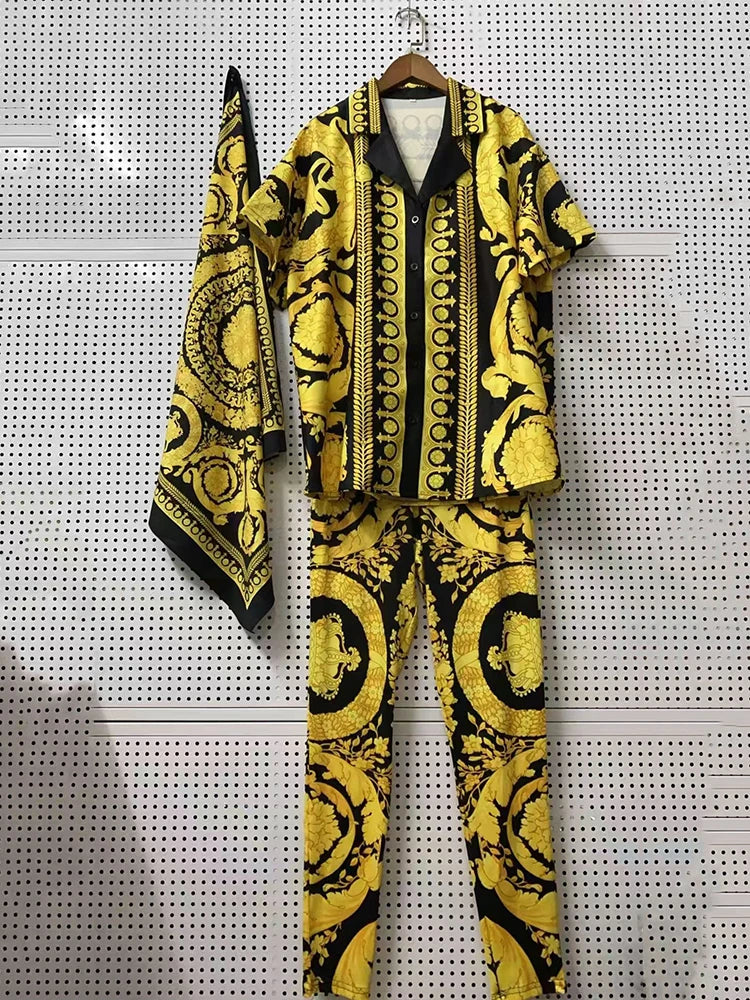 2026 women's retro geometric printed pajama style shirt two-piece set+elastic knitted cropped pants fashion set+scarf