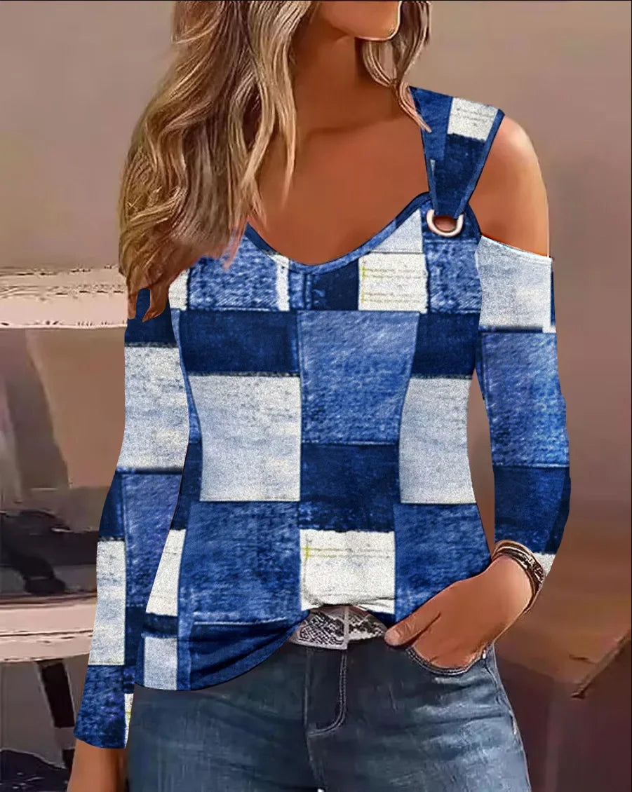 Womens Floral Print Cold Shoulder Long Sleeve Top Ring Strap V Neck Loose Casual Daily Commute Fashion Blouse