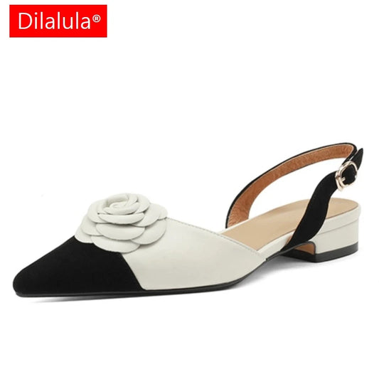 Dilalula Summer Genuine Leather Covered Toe Flower Sandals Ladies Sweet Low Thick Heels Elegant Flower Mixed Color Dress Shoes