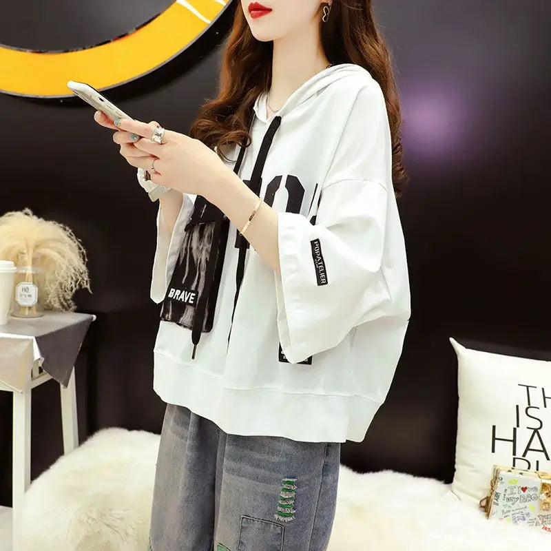 2023 Summer New Letter Printing Hoodies Women Round Neck Short Sleeve Drawstring Short Pullovers Ladies Korean Style Casual Top