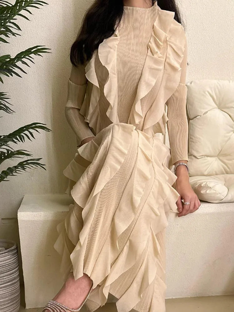 Miyake Pleated Fashion Dress O-Neck Long Sleeve Spliced Ruffles New 2023 Summer Evening Party Clothing Lady Middle East HotSales