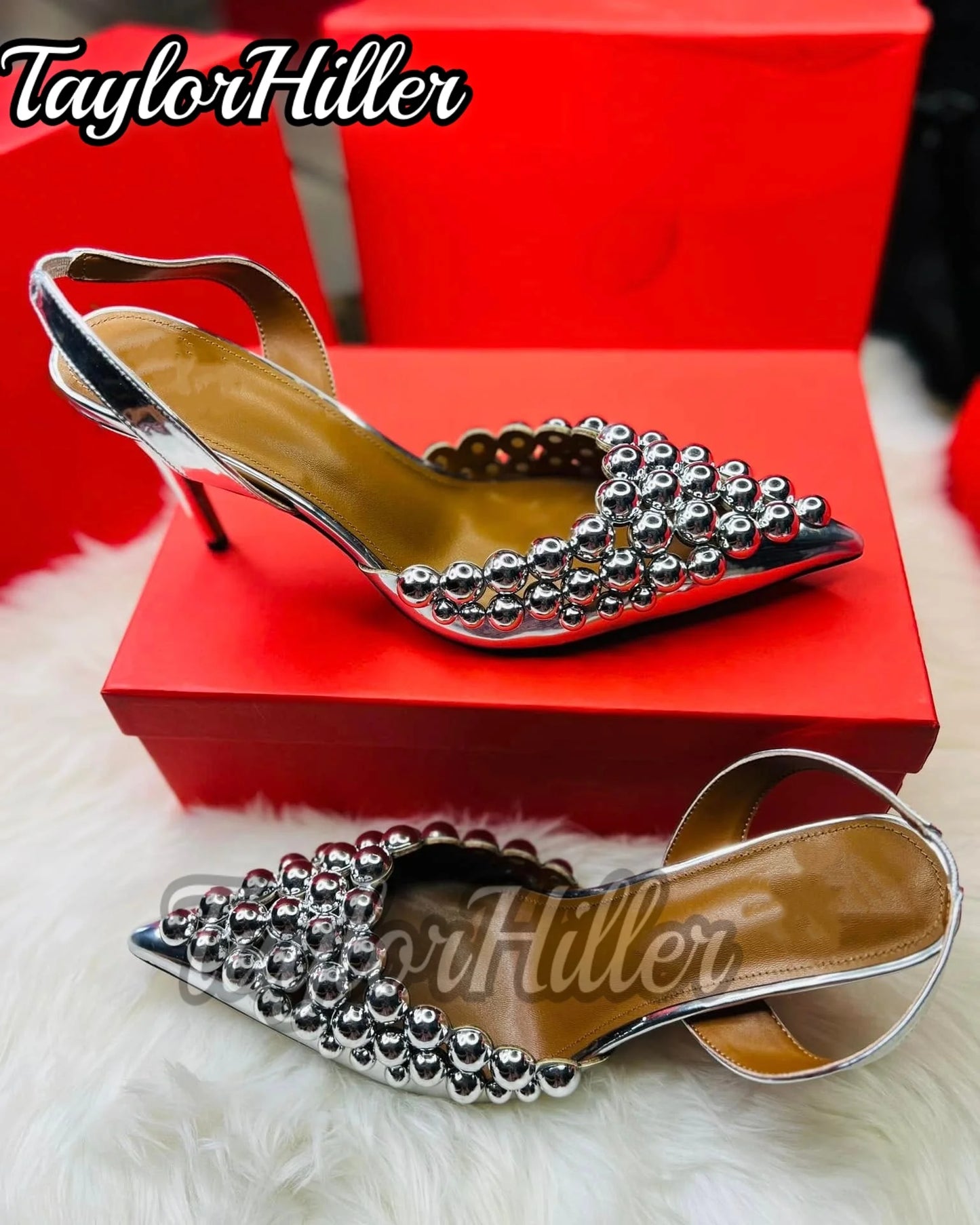 Golden Silver Ball Decor Heeled Sandals Slingback Women Pull On Slip On Shoes Pointy Toe Luxury Studded Metallic Luster Heels