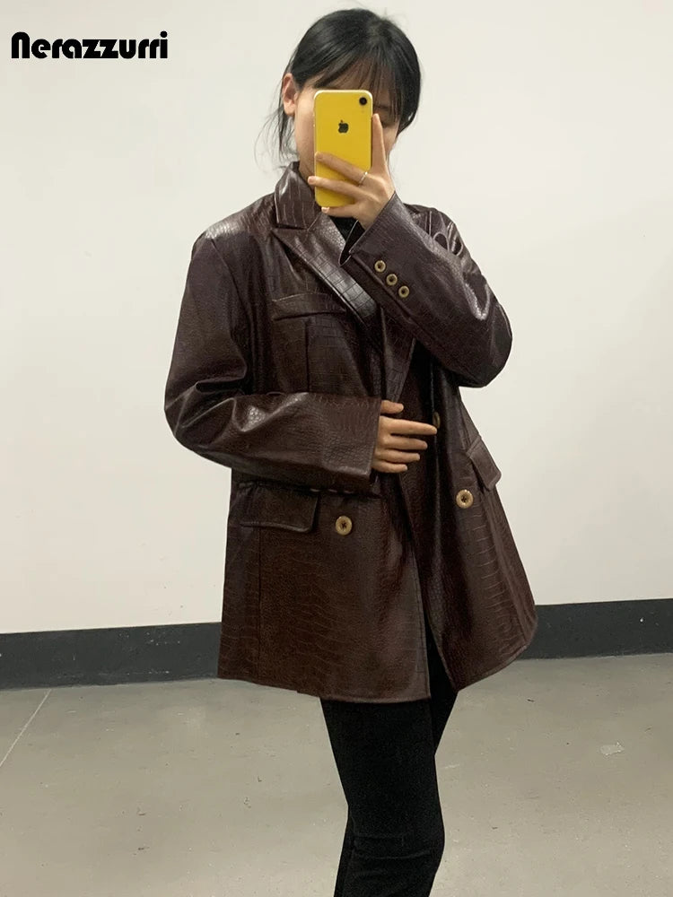 Mauroicardi Autumn Soft Luxury Matte Purple Crocodile Print Pu Leather Blazer Jacket Women Loose Casual Korean Fashion Clothes