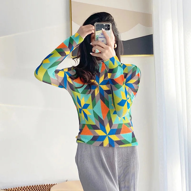 Miyake Pleated Contrasting Colors T-shirt Women Half Turtleneck Skinny Pullover 2025 Summer Fashion Female Clothing