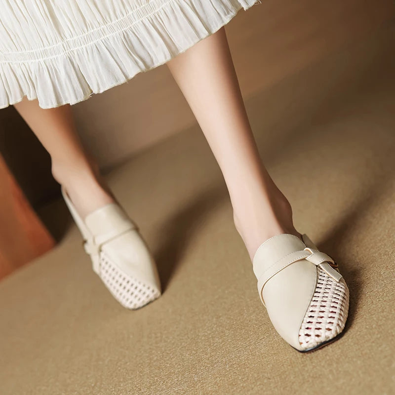 Dilalula 2025 Genuine Leather Hollow Women Mules Covered Toe Low Thick Heels Casual Slippers Ladies Summer Walk Belt Mesh Slides