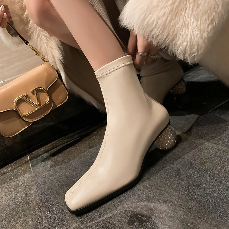 Stretchable Short Boots Women Square Toe Pearl Heels Young Ladies Fashion Ankle Boots Female Party Dating Shoes