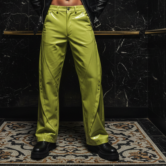 Nerazzurri Spring Autumn Studded Soft Shiny Bright Reflective Patent PVC Leather Wide Leg Pants for Men Y2K Streetwear Fashion