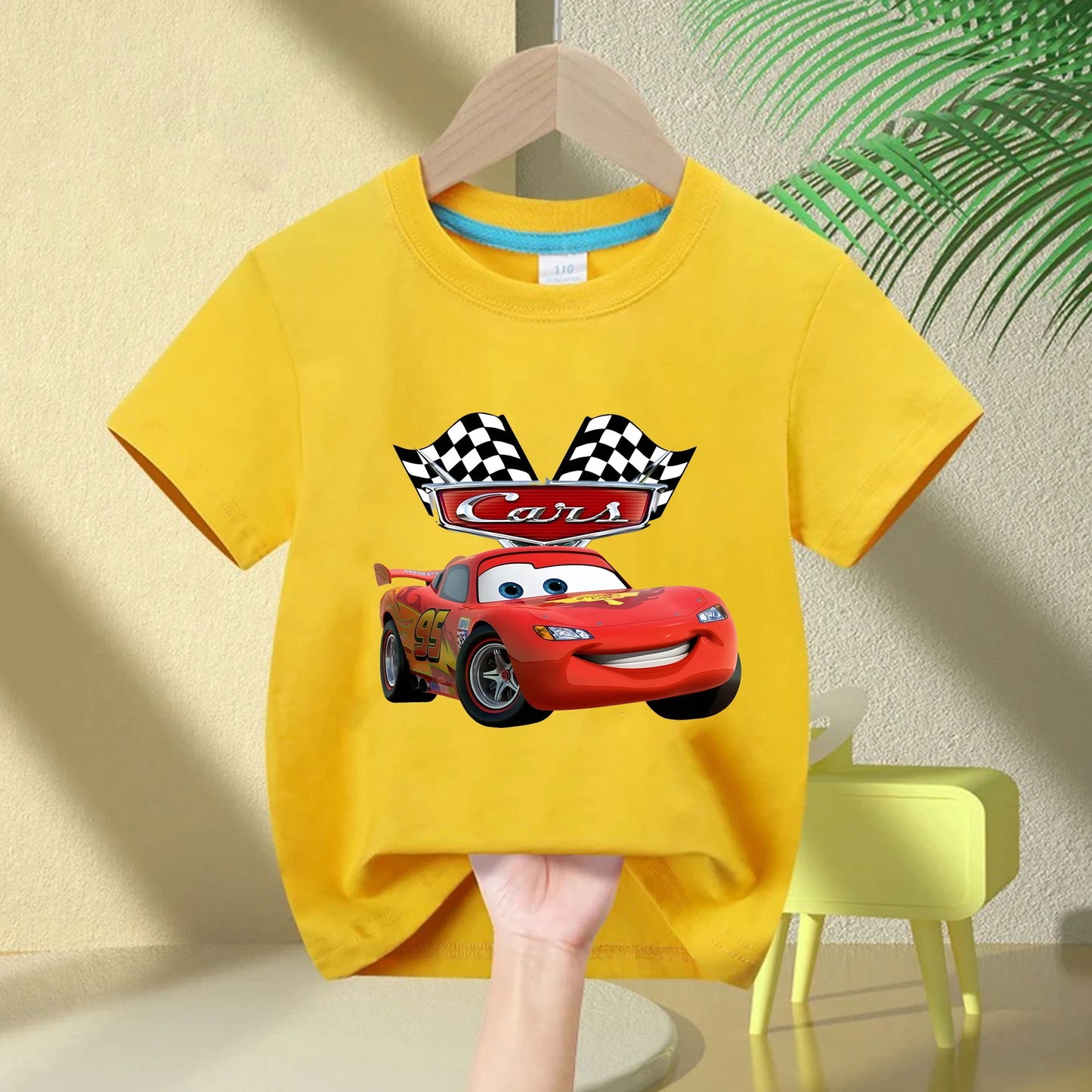 2025 Summer New Disney Cars Lightning McQueen around short-sleeved boys and girls summer 100% cotton all-match T-shirt clothes