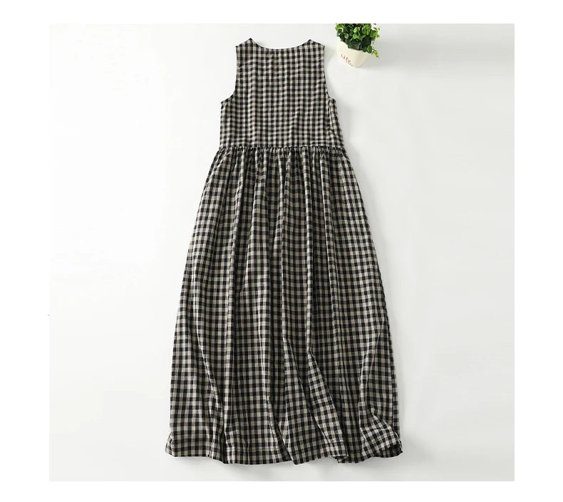 Retro Japanese Sle Linen Plaid Vest Dr Women Summer Loose Cotton Linen Svel Midi Dr A-Line Skirt round Ne