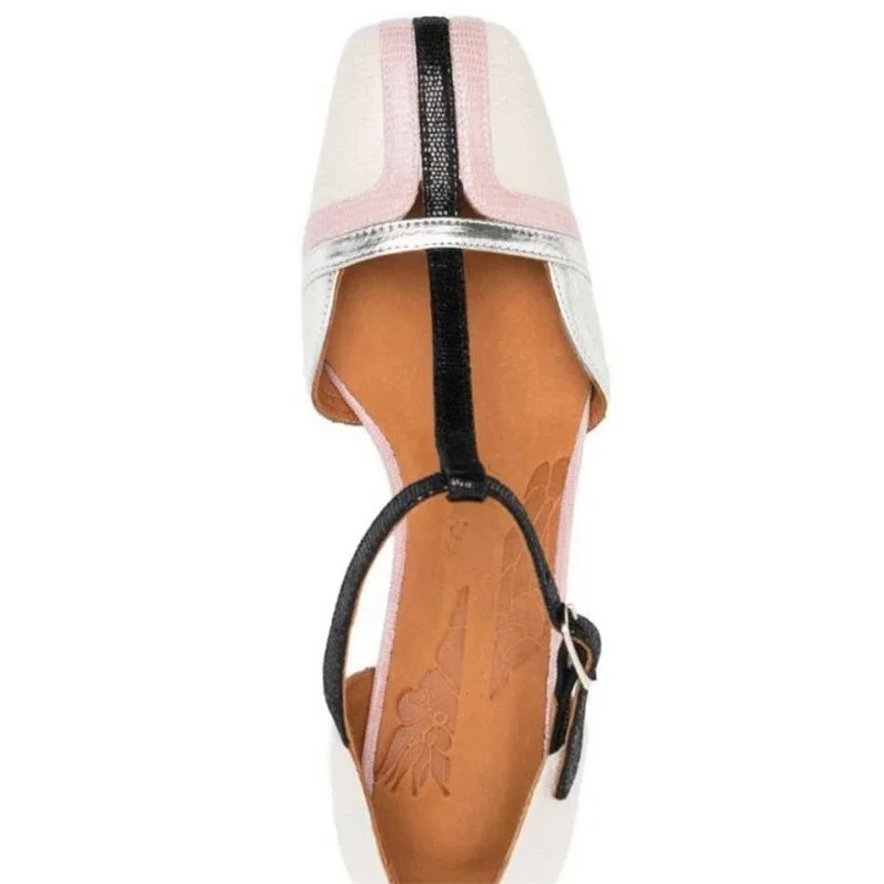 Dilalula 2025 Summer French Style T-Strap Genuine Leather Sandals Women Covered Toe High Heels Mixed Color Party Dating Sandals