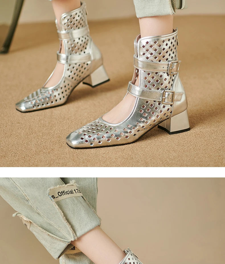 Sexy Brand Luxury Gold Gladiator Sandals Platform Beige Summer Mesh Grid Ankle Boots Roman Sandals For Woman Genuine Leather