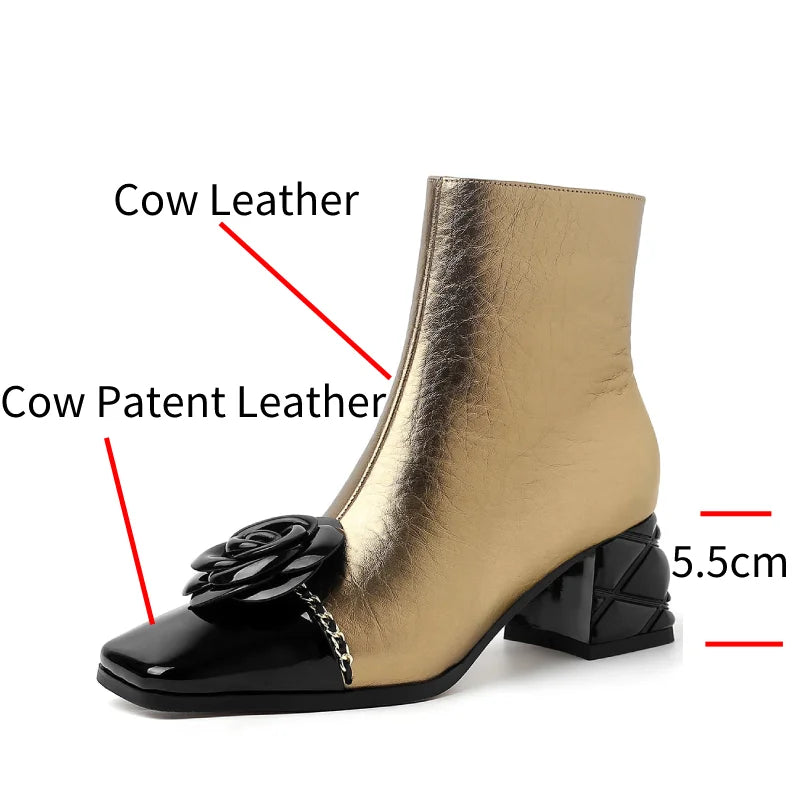 Genuine Leather Flower Metal Chain Short Boots Women Thick High Heels Young Ladies Mixed Color Boots Party Dating