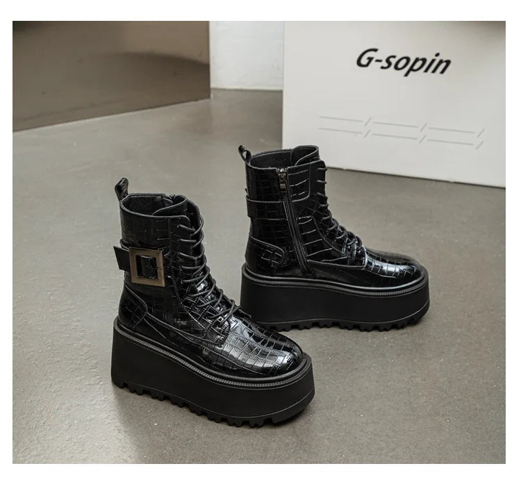 Fujin 8cm New Women Combat Boots Ankle Booties Platform Sneakers Spring Autumn Warm Fur Winter Genuine Leather Women Shoes Boot
