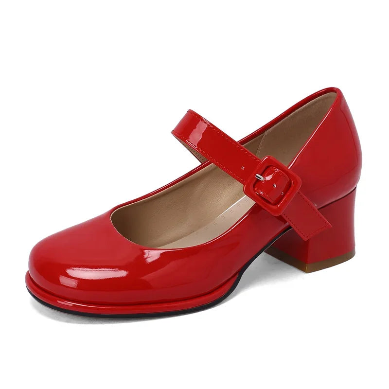 Spring Autumn Women Platform Mary Janes High Thick Heel Orange Red Patent Leather Dress Office Lady Round Toe Buckle Strap Pumps