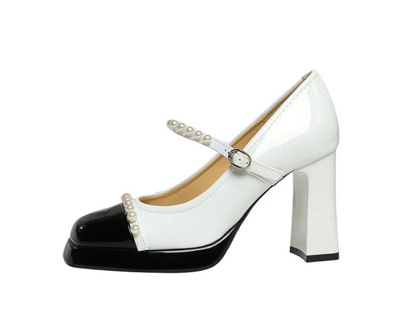 Retro Style Color Block Square Toe Thick Heel High Heels Women's Waterproof Platform Pearl Mary Jane Shoes Casual Fashion