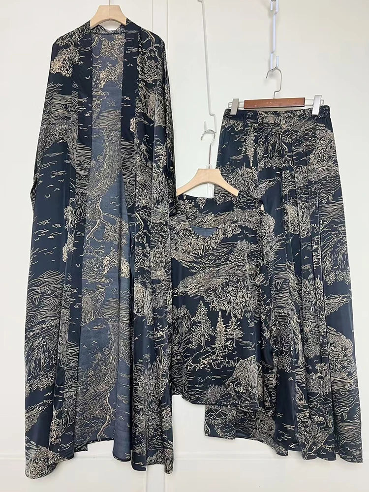 Retro positioning printed long cardigan+vest three piece set 2026 spring women's clothing+loose pants skirt fashion set