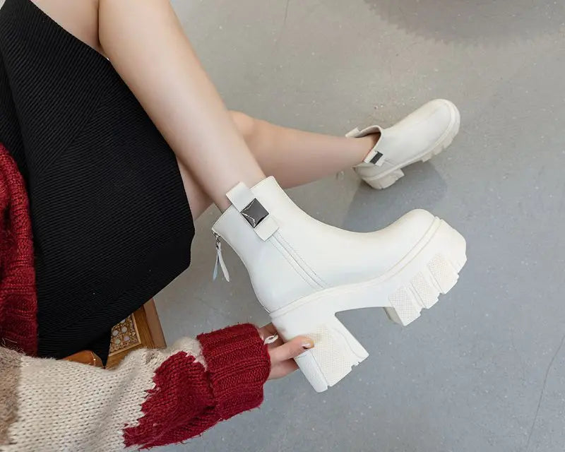 Fujin 11cm New Microfiber Leather Women High Increase Casual Ankle Boots Platform Wedge Pumps Heels White Shoes Winter Shoes