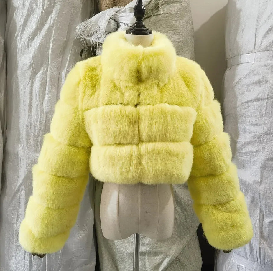 DEAT Fashion Women's Faux Fur Coat Stand Neck Long Sleeve Zipper Short Solid Color Thick Warm Jackets Winter 2024 New 7AB6434